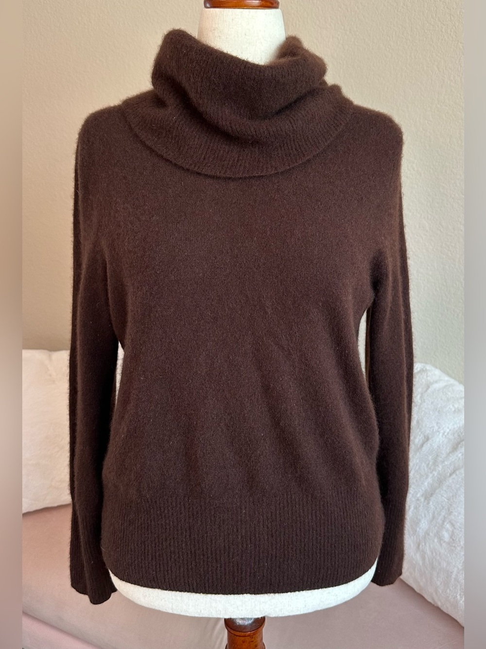 Anne Klein Sweater 100% Cashmere Choc Brown Cowl Turtleneck Women XL Soft Luxury
